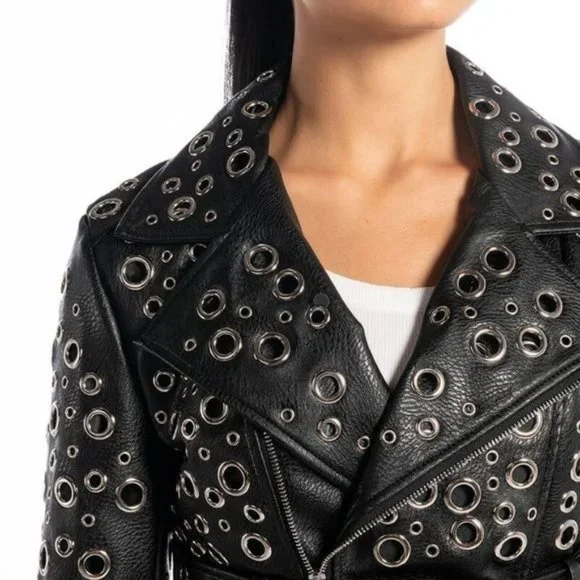 Miz 360: Circle of Life Cropped Grommet Vegan Leather Moto Jacket Large - Picture 10 of 13